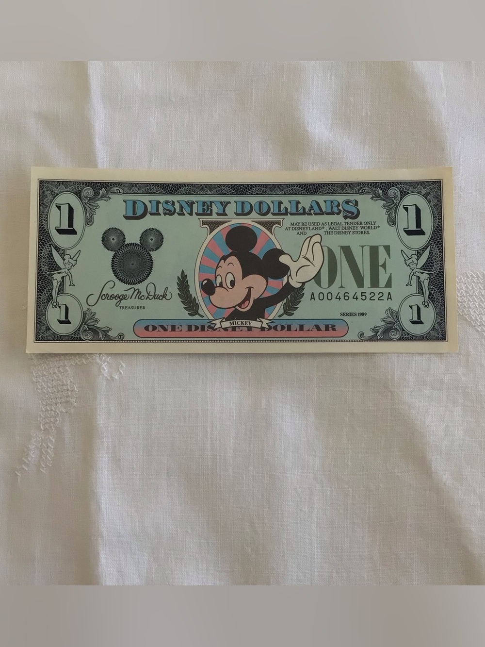 1989 Disney Dollar 1 Mickey Mouse Series A Vtg Uncirculated Souvenir Bill Retro